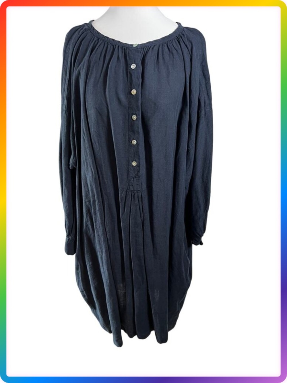 Metta Melbourne Marcel Smock Dress Oversized Linen Blue Lagenlook OS Pocket FLAW